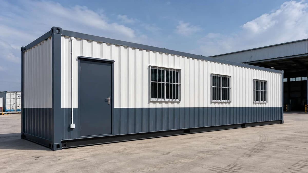 Slate-blue container office cabin at the Foundry Nagar industrial belt, Agra