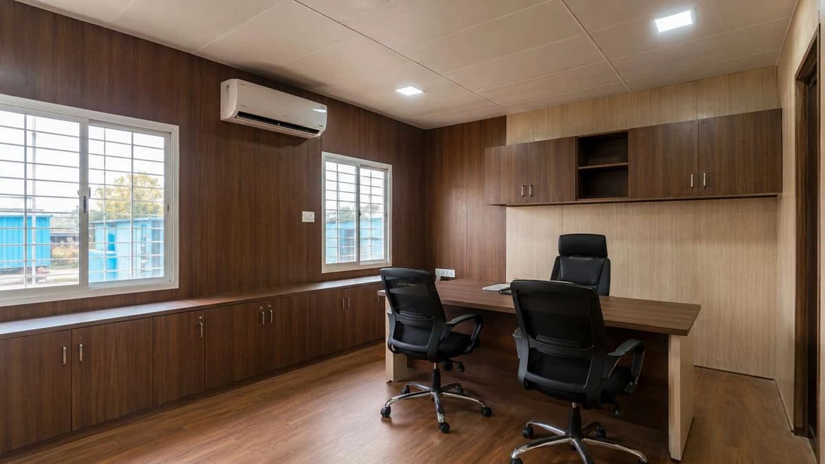 Fitted interior of a container site office for a Bhiwadi team