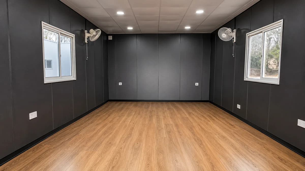 Fitted interior of a container site office for a Bhopal team