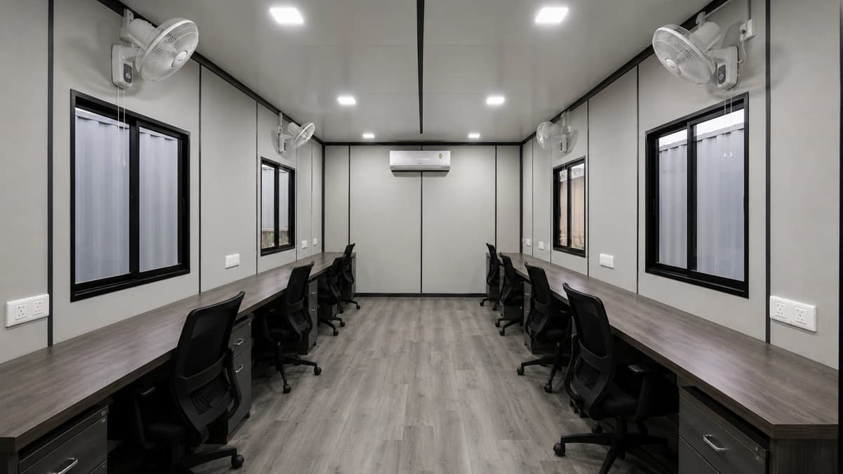 Fitted interior of a container site office for an Erode team