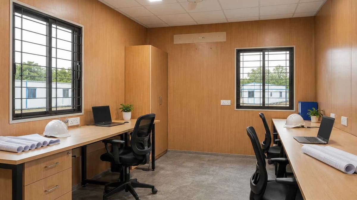 Fitted interior of a container site office for a Kurnool team