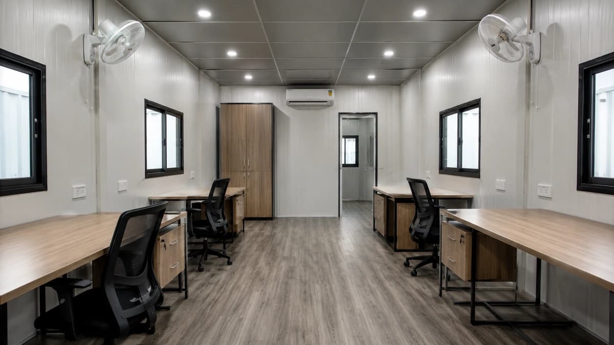 Fitted interior of a container site office for a Nashik team