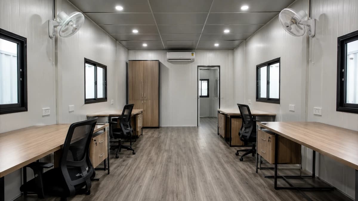 Fitted interior of a container site office for a Rajahmundry team