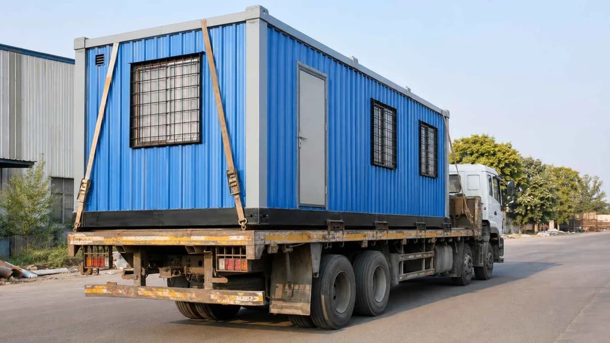 Container office loaded for long-distance road dispatch from the Bangalore factory to Tirunelveli