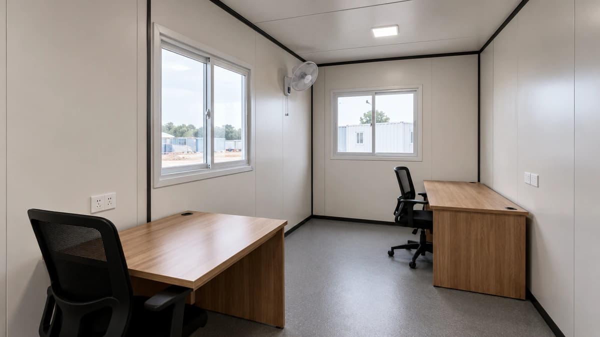 Fitted interior of a container site office for a Tirunelveli team