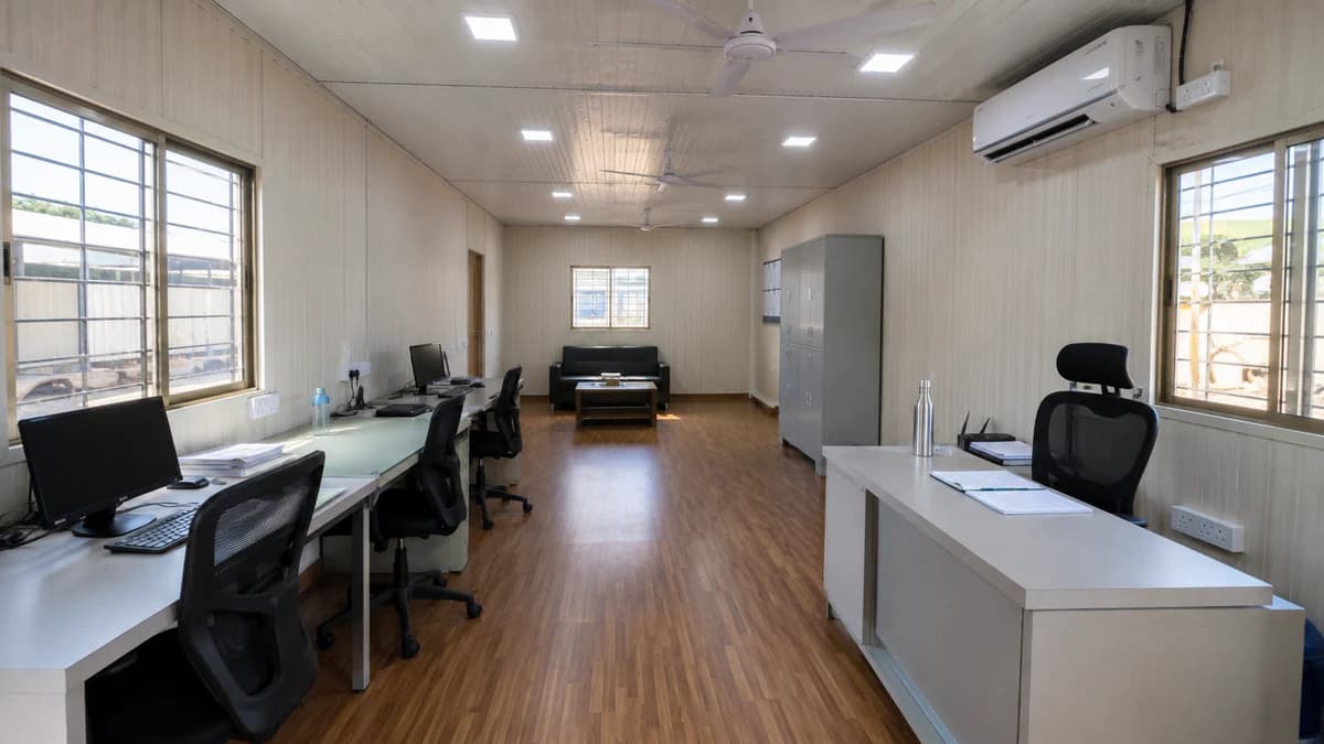 SAMAN MS porta cabin office interior with two desk workstation rows, ergonomic chairs, ceiling fans and LED panel lighting