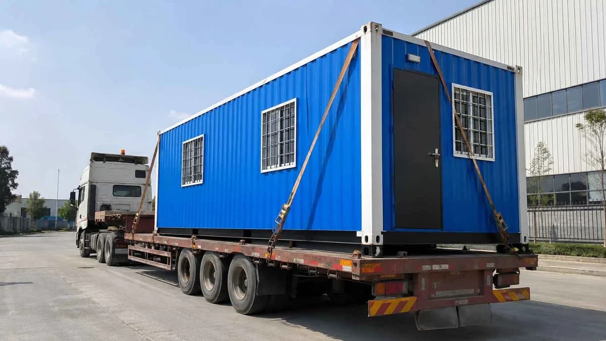 Porta cabin loaded for road dispatch from the Greater Noida factory to Ludhiana