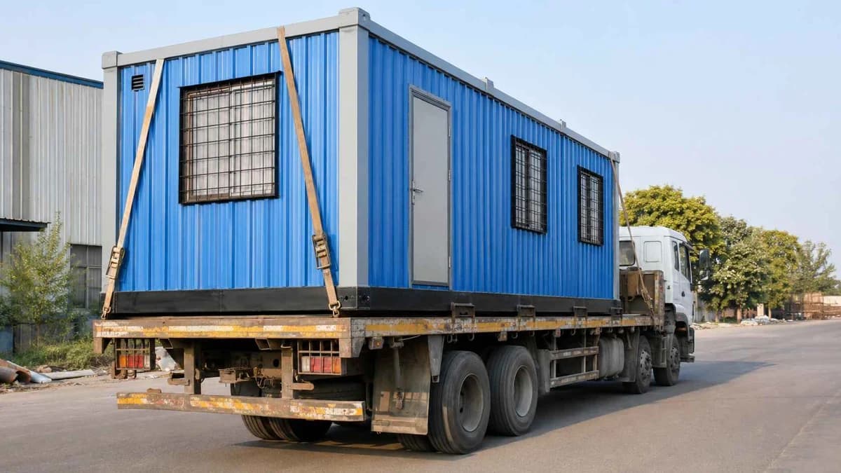 Porta cabin loaded for road dispatch from the Greater Noida factory to Moradabad