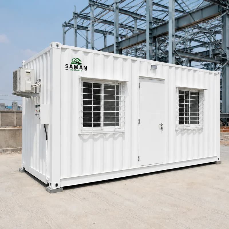 New 20 ft container office with grilled windows and AC unit installed at an Indian project site