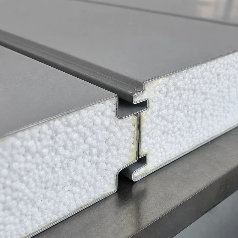 Close-up of an EPS sandwich panel tongue-and-groove joint