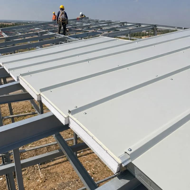 EPS roof panels being installed on a steel frame
