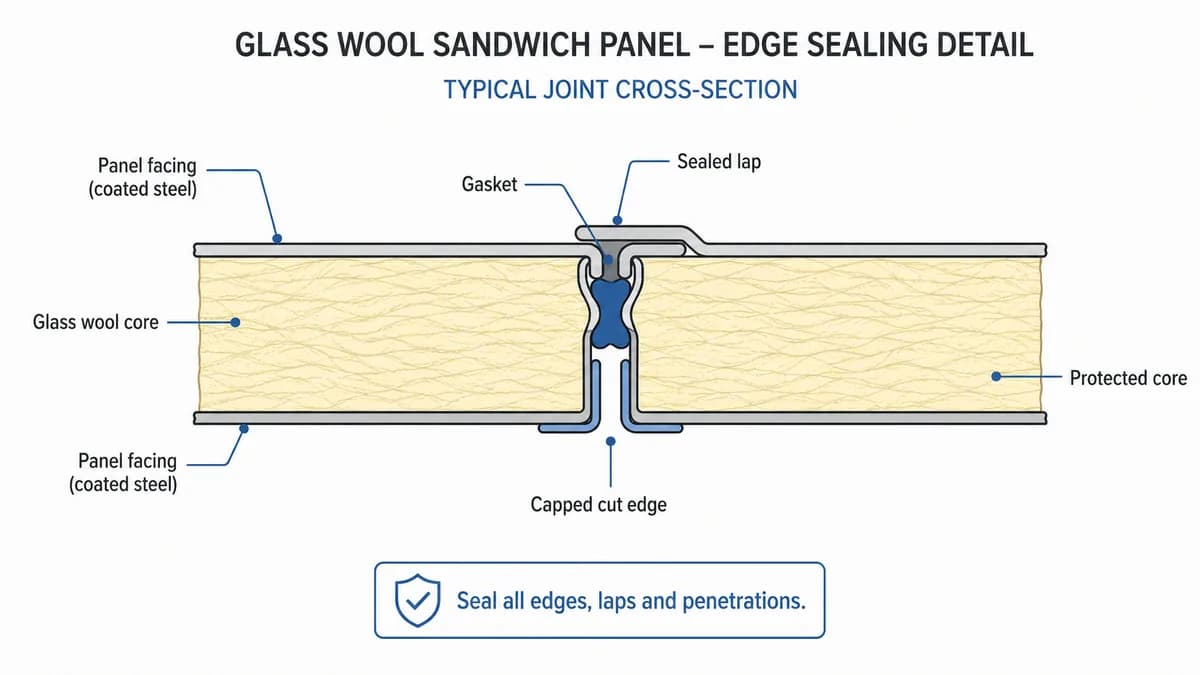 Edge sealing detail for glass wool panels