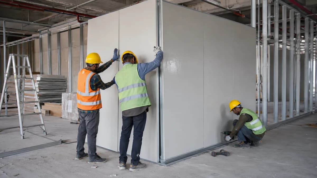 Installing glass wool acoustic partition panels at an Indian commercial site