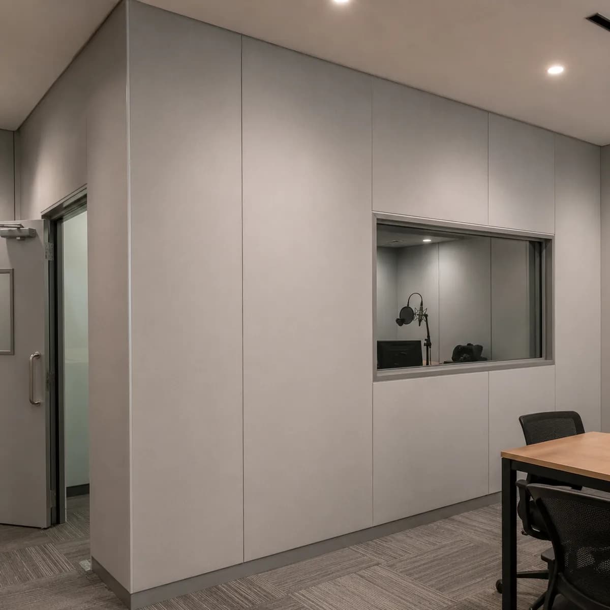 Glass wool panel acoustic partition installed in a commercial interior