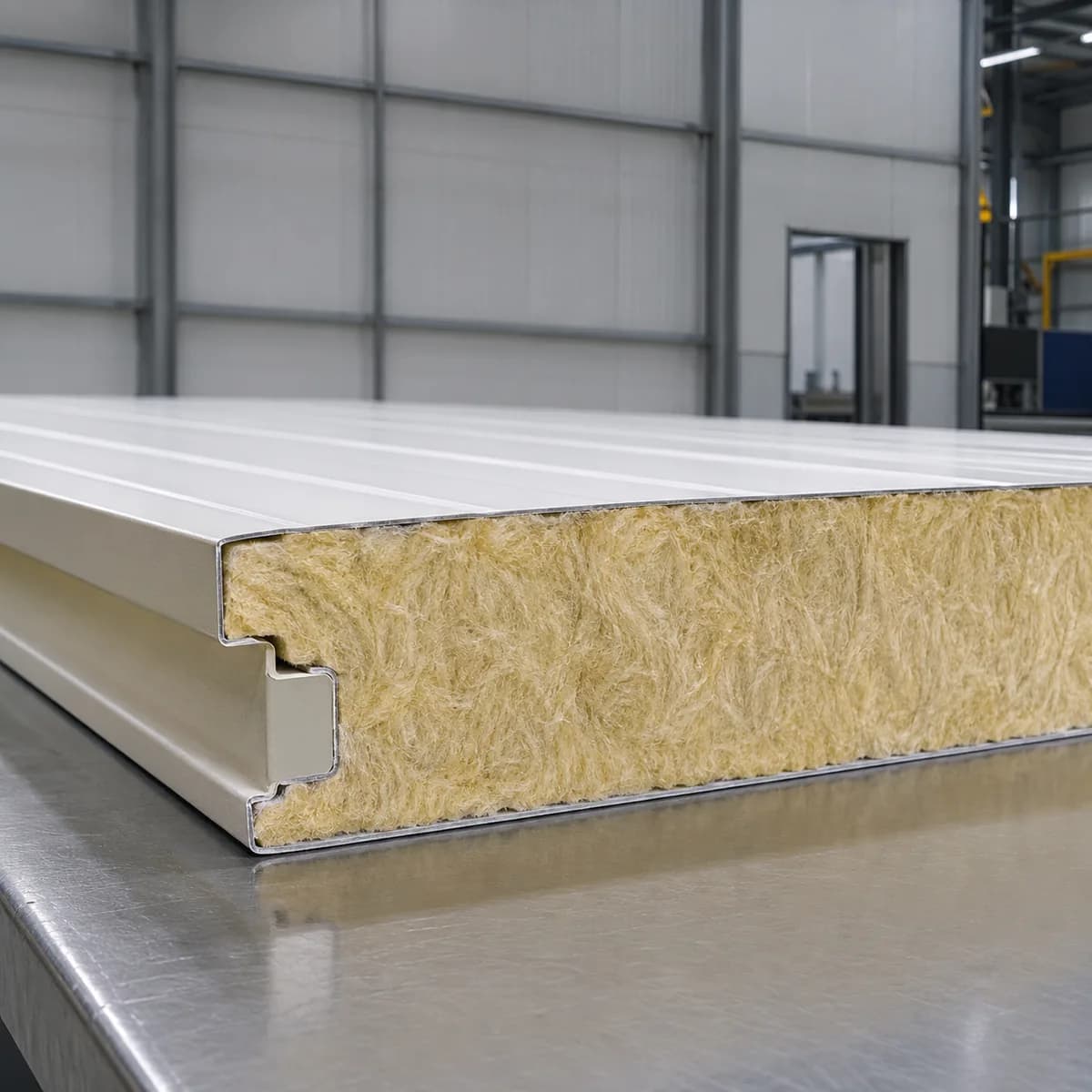 Cut edge of a glass wool panel showing the high-density fibre core