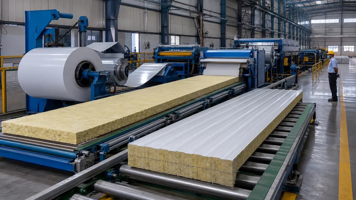 Glass wool panel production line bonding steel facings to the fibre core