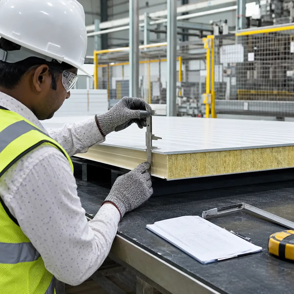 Quality check on a SAMAN glass wool panel at the factory