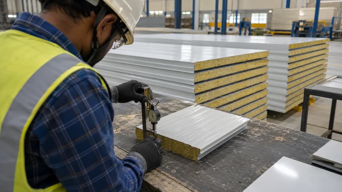 Factory QC checking glass wool panel density and facing gauge