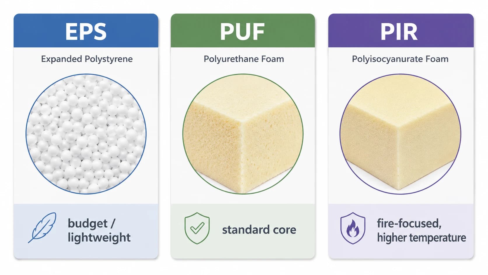 Diagram comparing EPS, PUF and PIR insulated panel cores by cost, weight and fire behaviour