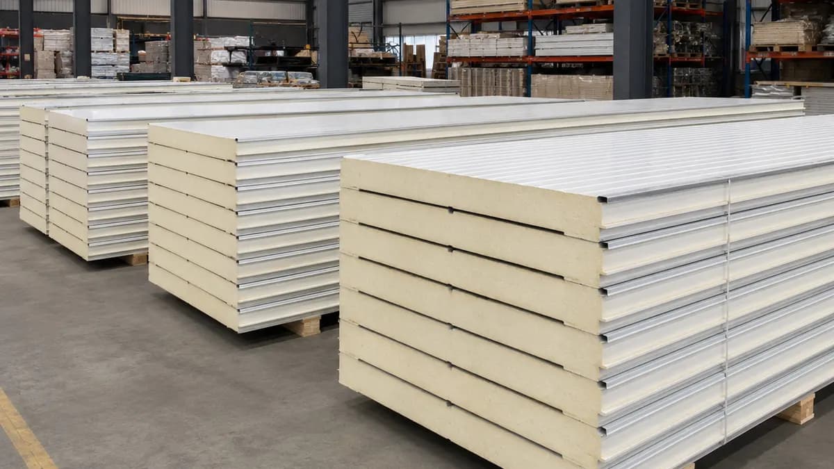 PIR panels stacked and edge-protected on the SAMAN factory floor before dispatch
