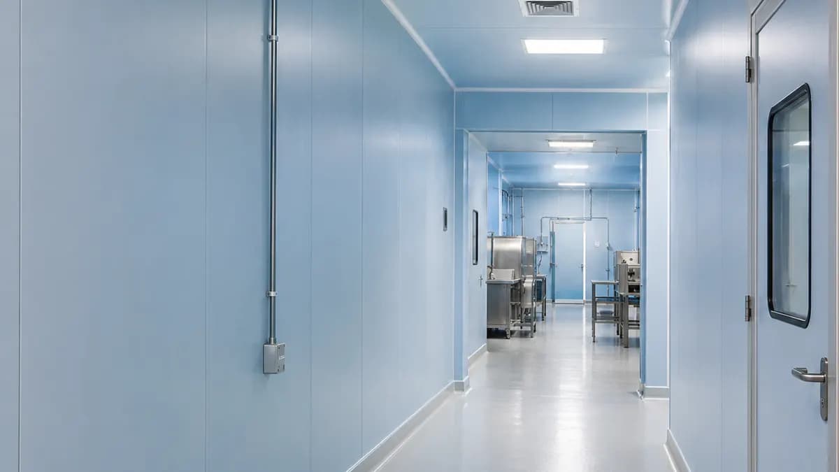 Insulated panel partition with hygienic facing inside a processing facility