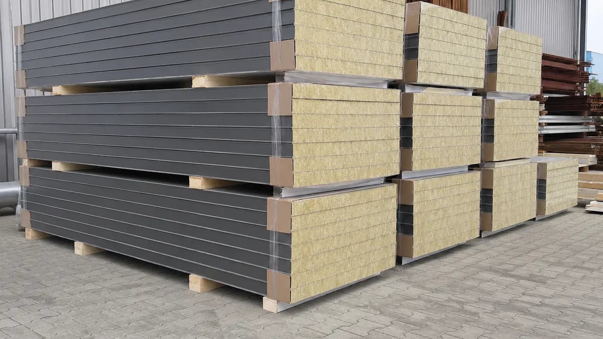 Insulated sandwich panels installed as wall and roof cladding over a steel frame