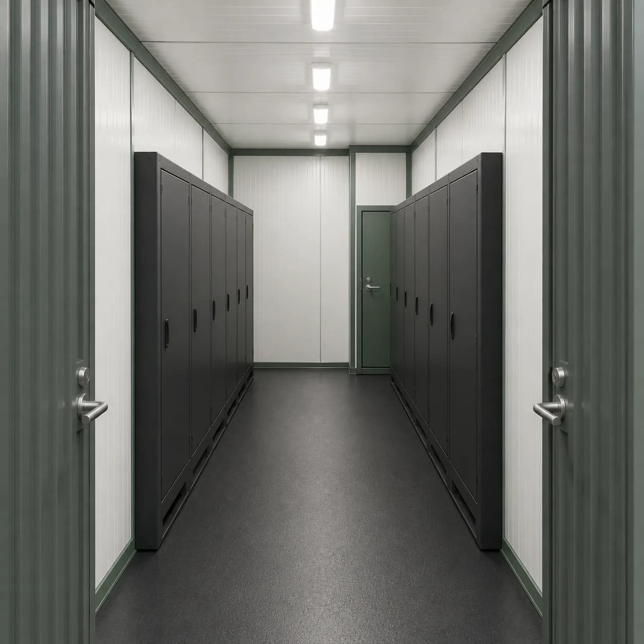 Interior aisle of a 20 ft BESS enclosure with closed equipment cabinets along both long walls