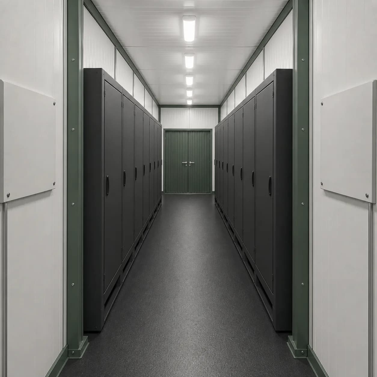 20 ft BESS enclosure interior facing the closed double end doors, cabinets each side of the aisle