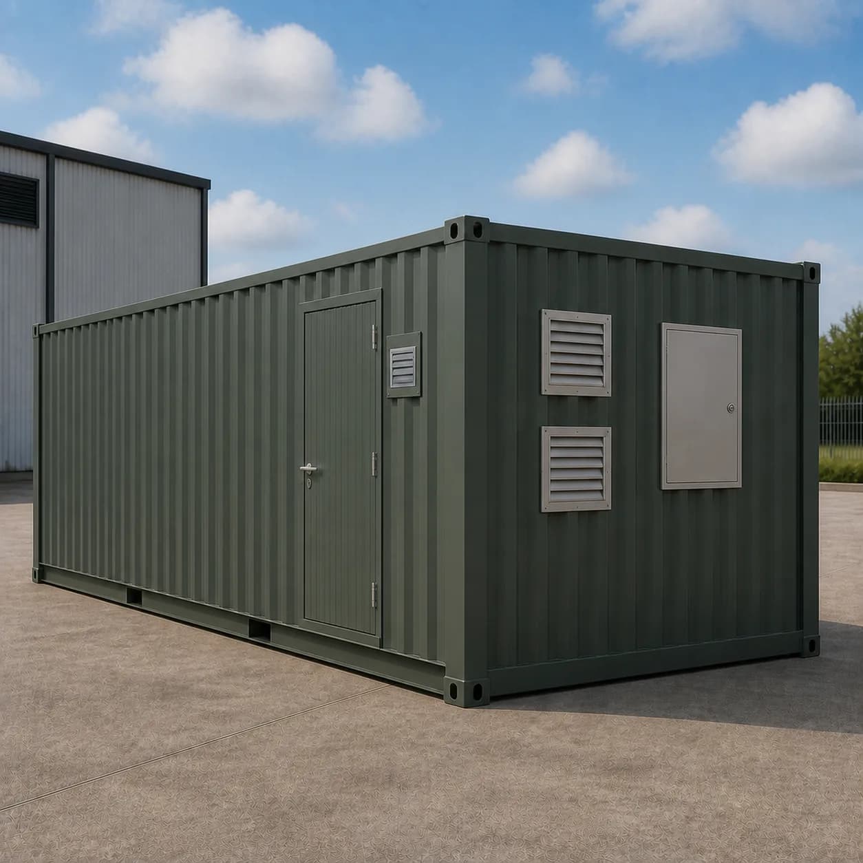 Technical service end of a sage green 20 ft BESS enclosure with two louvre vents and an access panel