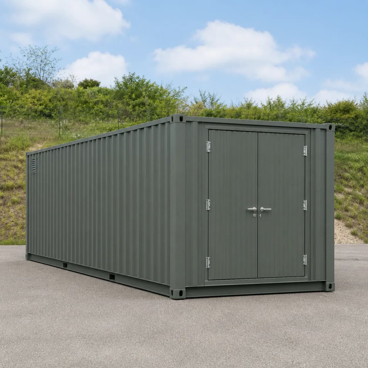 Battery side wall of a sage green 20 ft BESS enclosure, no doors, one louvre vent, end doors beyond