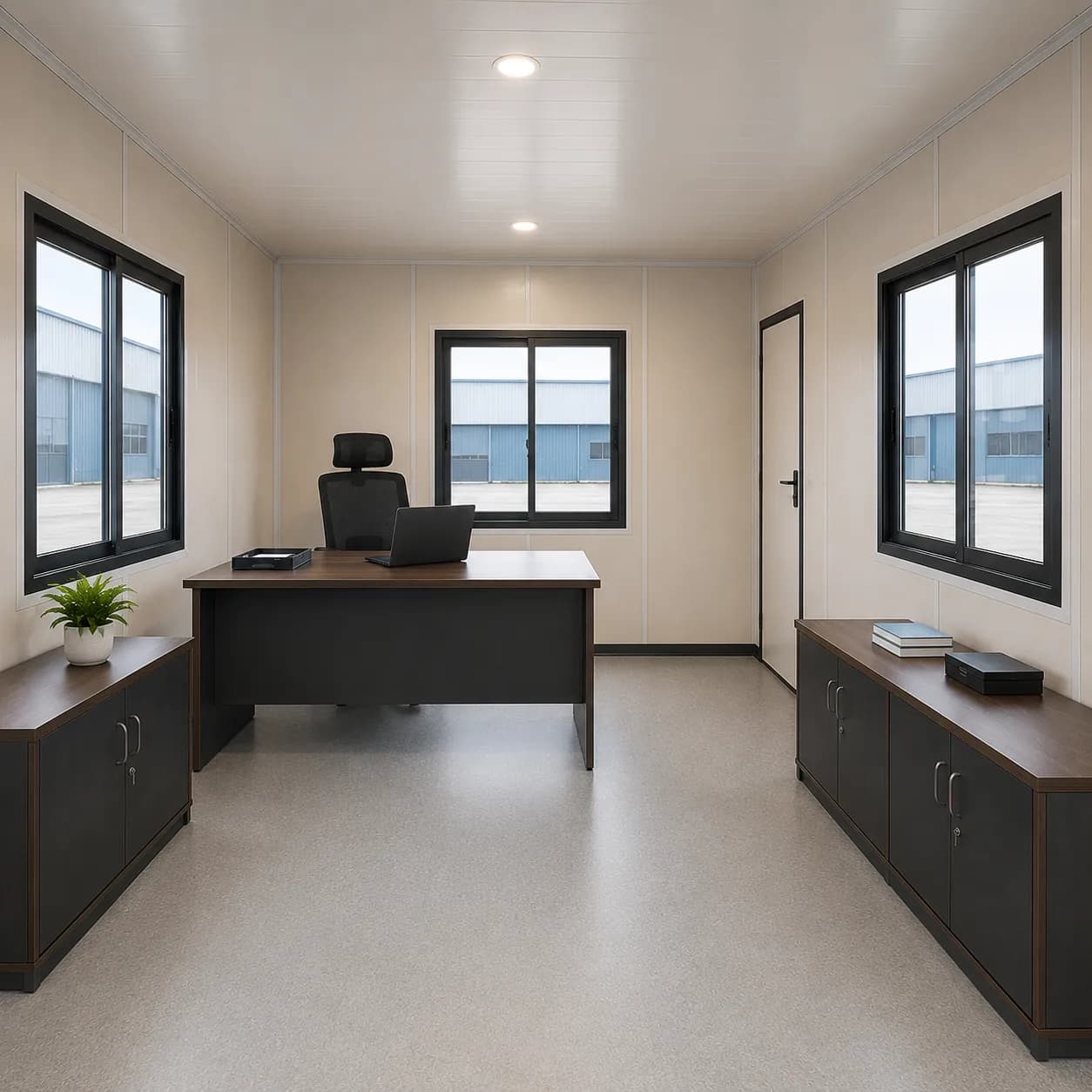 Interior of 20x10 ft porta cabin set up as site office workspace