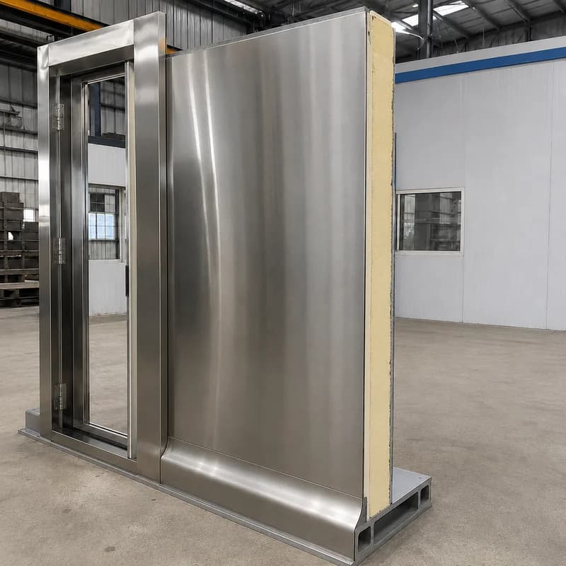150 mm PUF panel with brushed stainless-steel facing, hygiene-grade cold storage sample