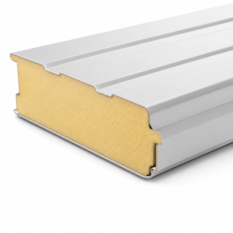 Corner studio photo of a 40 mm panel showing both steel facings and the foam edge