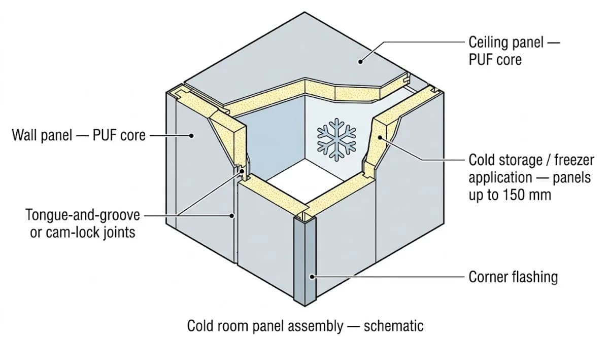Cold room PUF panel assembly diagram showing wall panels, ceiling panel and joints for freezer rooms up to 150 mm