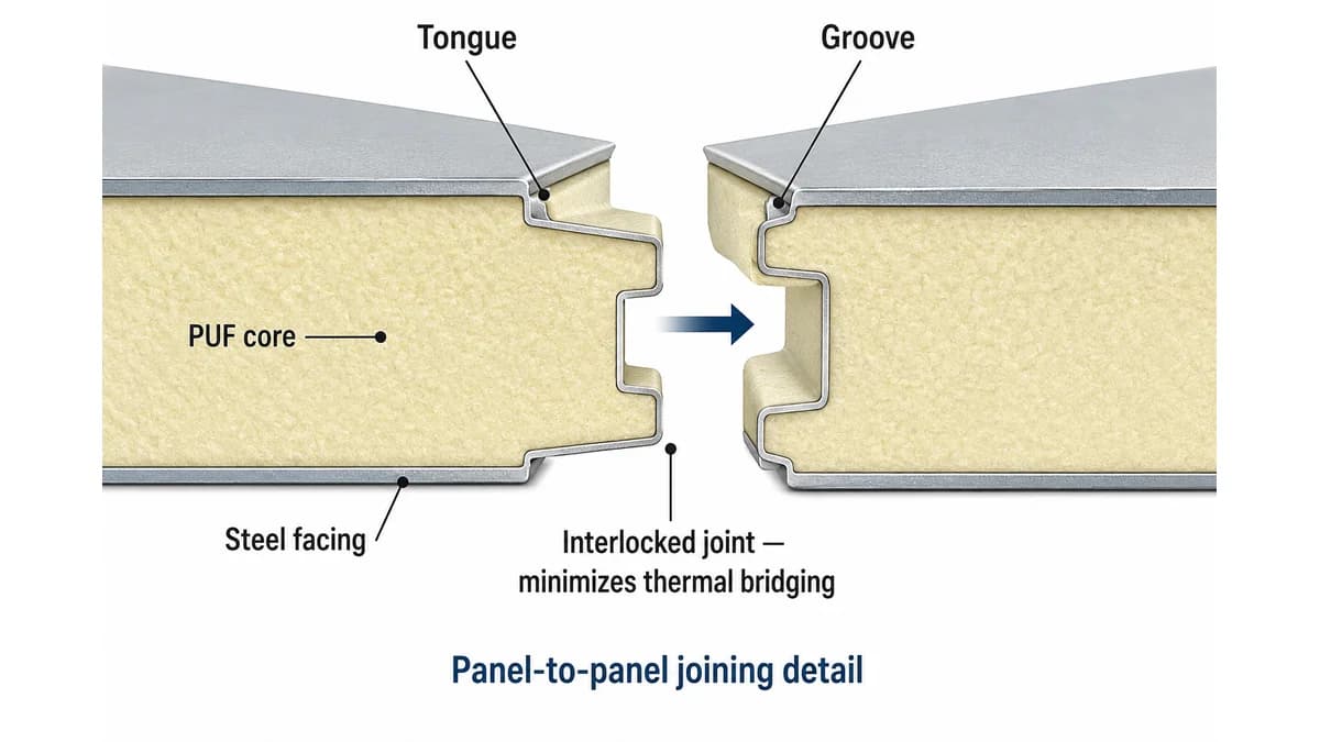 Tongue and groove joint detail diagram of two PUF panels interlocking to minimise thermal bridging
