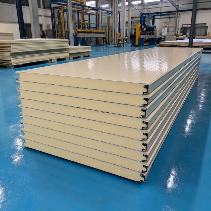 Ivory 60 mm PUF panel bundle staged on the factory floor after quality checks