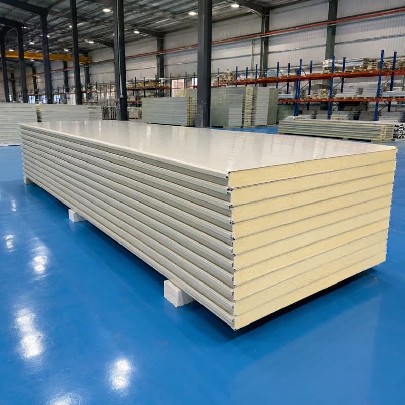 Ivory 70 mm PUF panel factory stack ready for wall or cold-room use