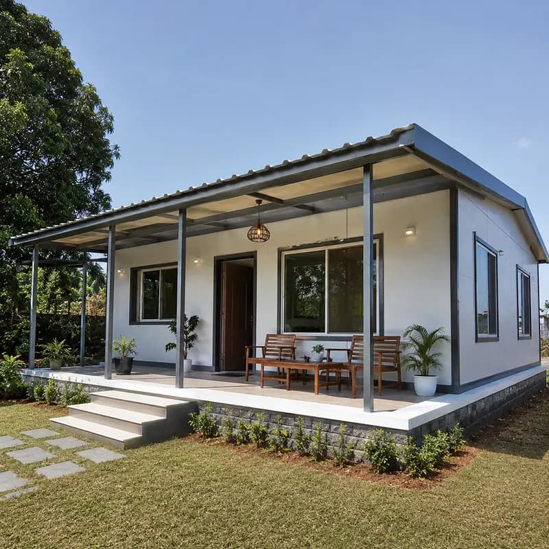 PUF panel house with a covered verandah entry, front elevation view