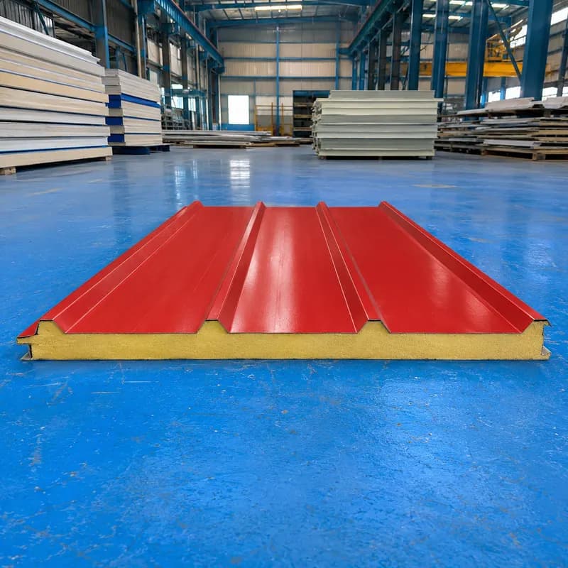 Red 50 mm PUF panel on the factory floor, our most common all-round choice