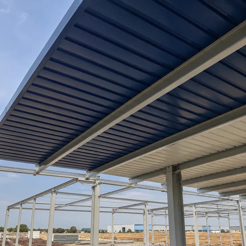 Dark-blue 50 mm PUF roof panel being installed on a steel roof frame