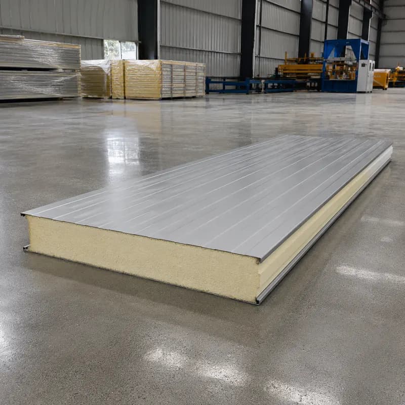 Grey 80 mm PUF sandwich panel on the factory floor display