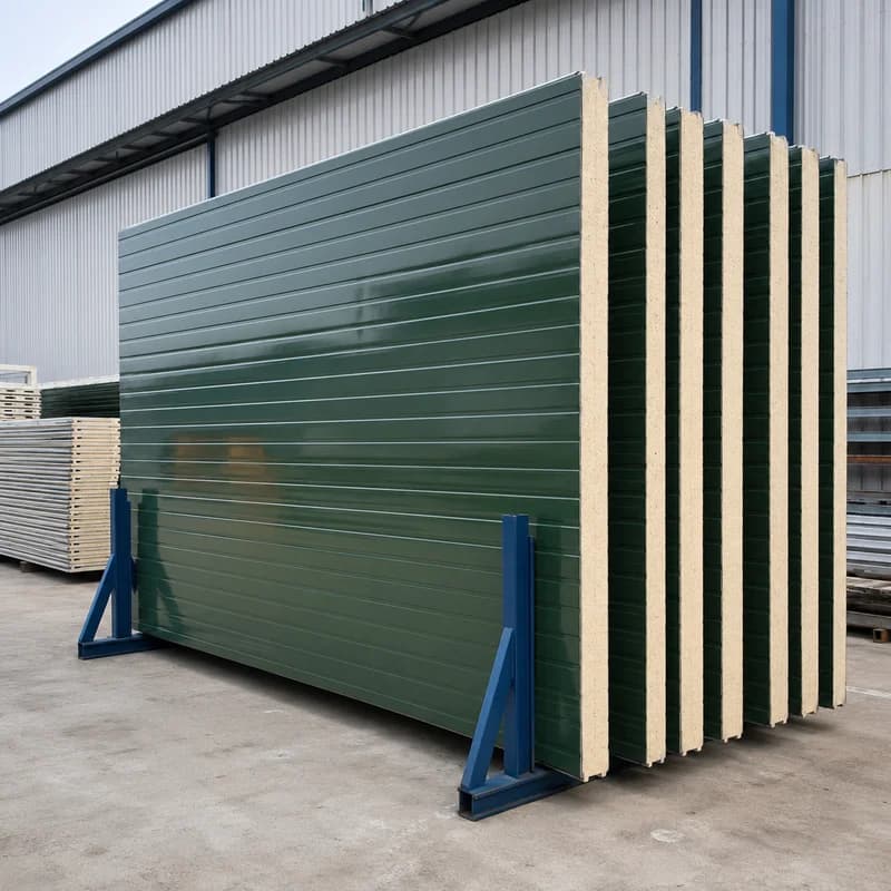 Green 60 mm PUF wall panel stacked in the yard