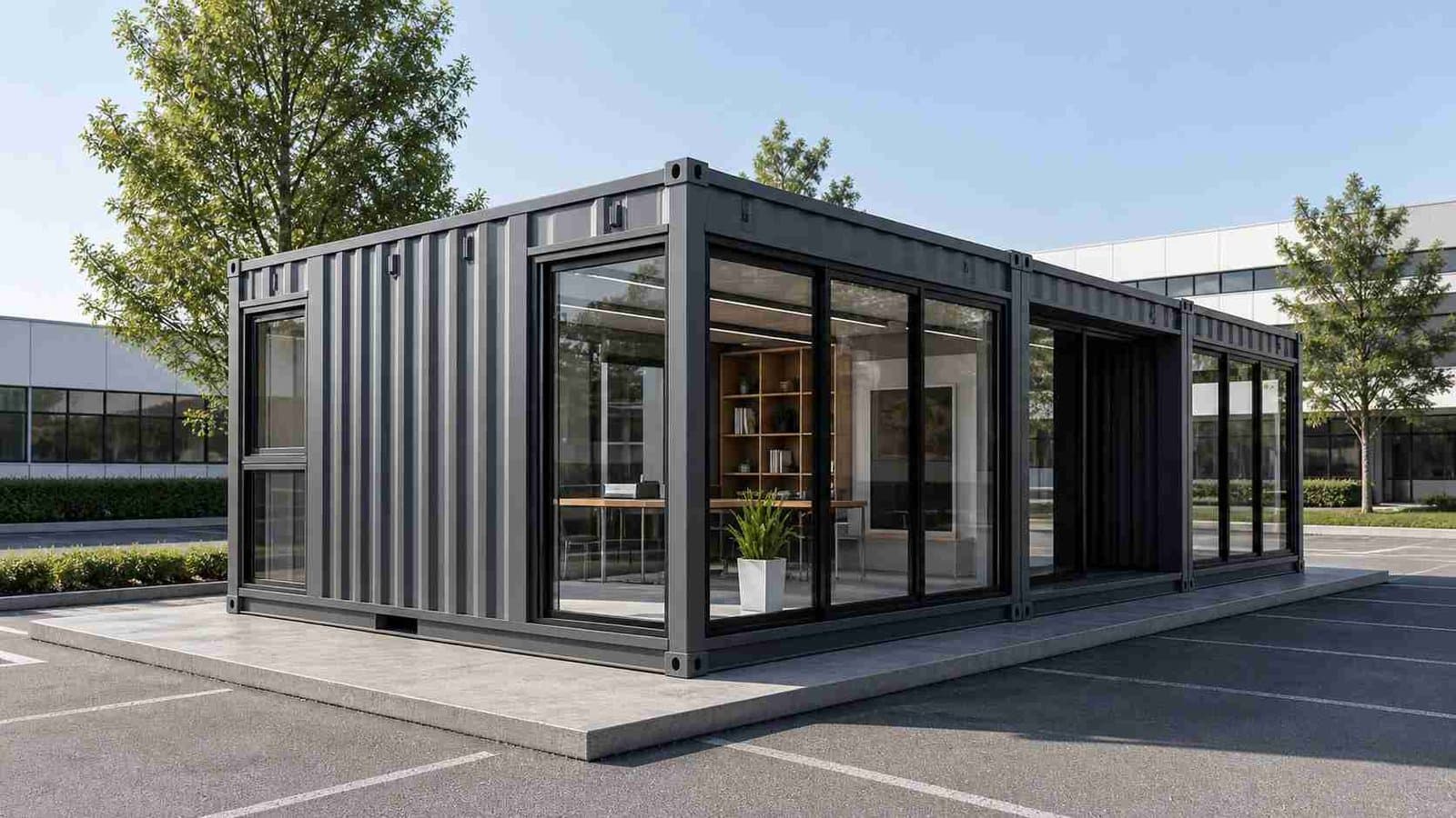 Office portable cabin 22x12 ft — open plan workspace with glass walls and natural light