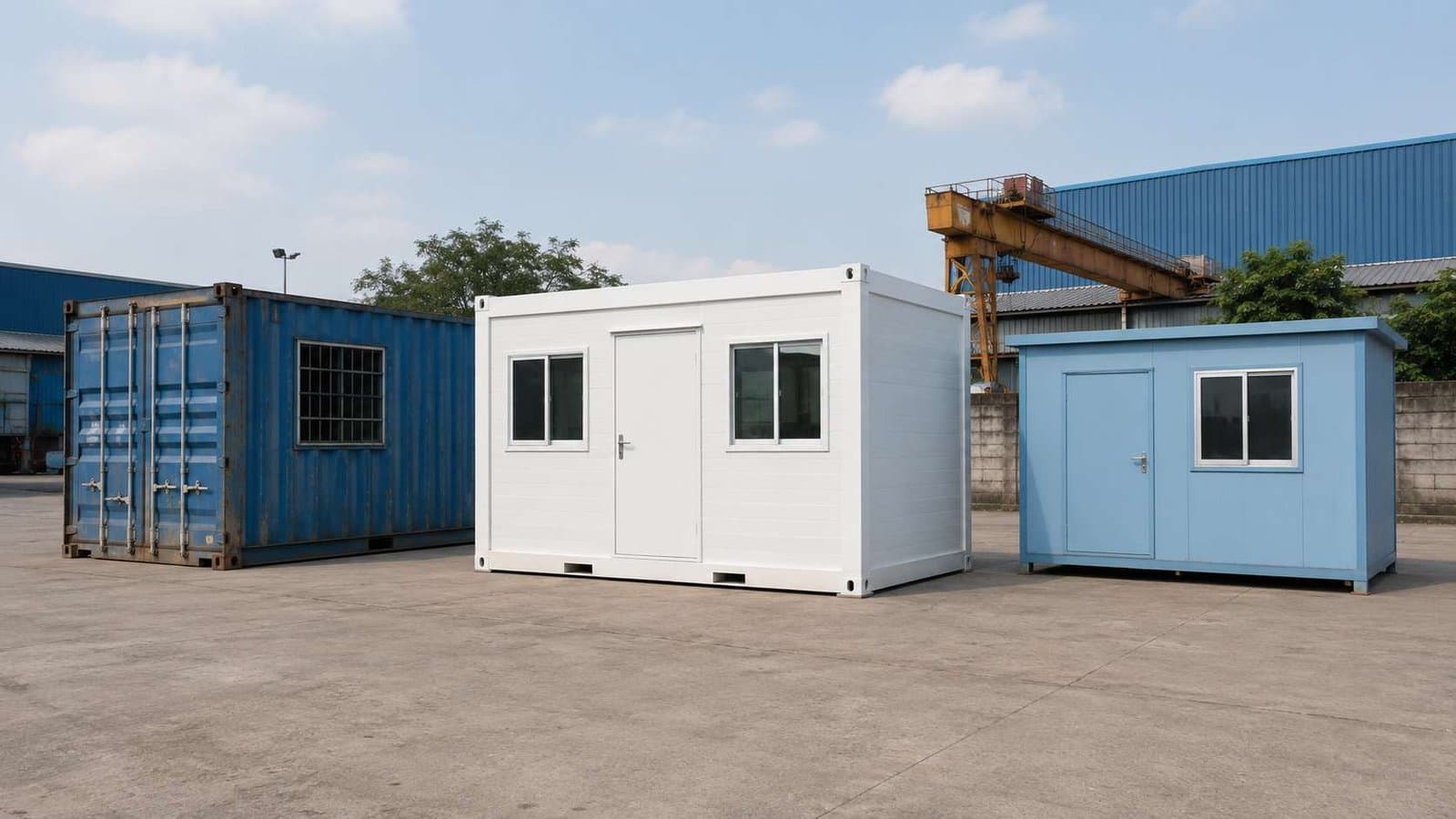 Side-by-side comparison of a portable office container, a true container office, and an MS portable office cabin.