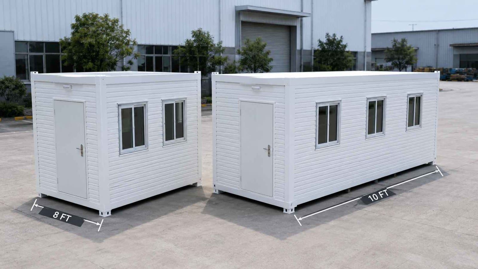 Two portable office cabins in container form — 20×8 ft and 20×10 ft units shown side by side for size comparison.