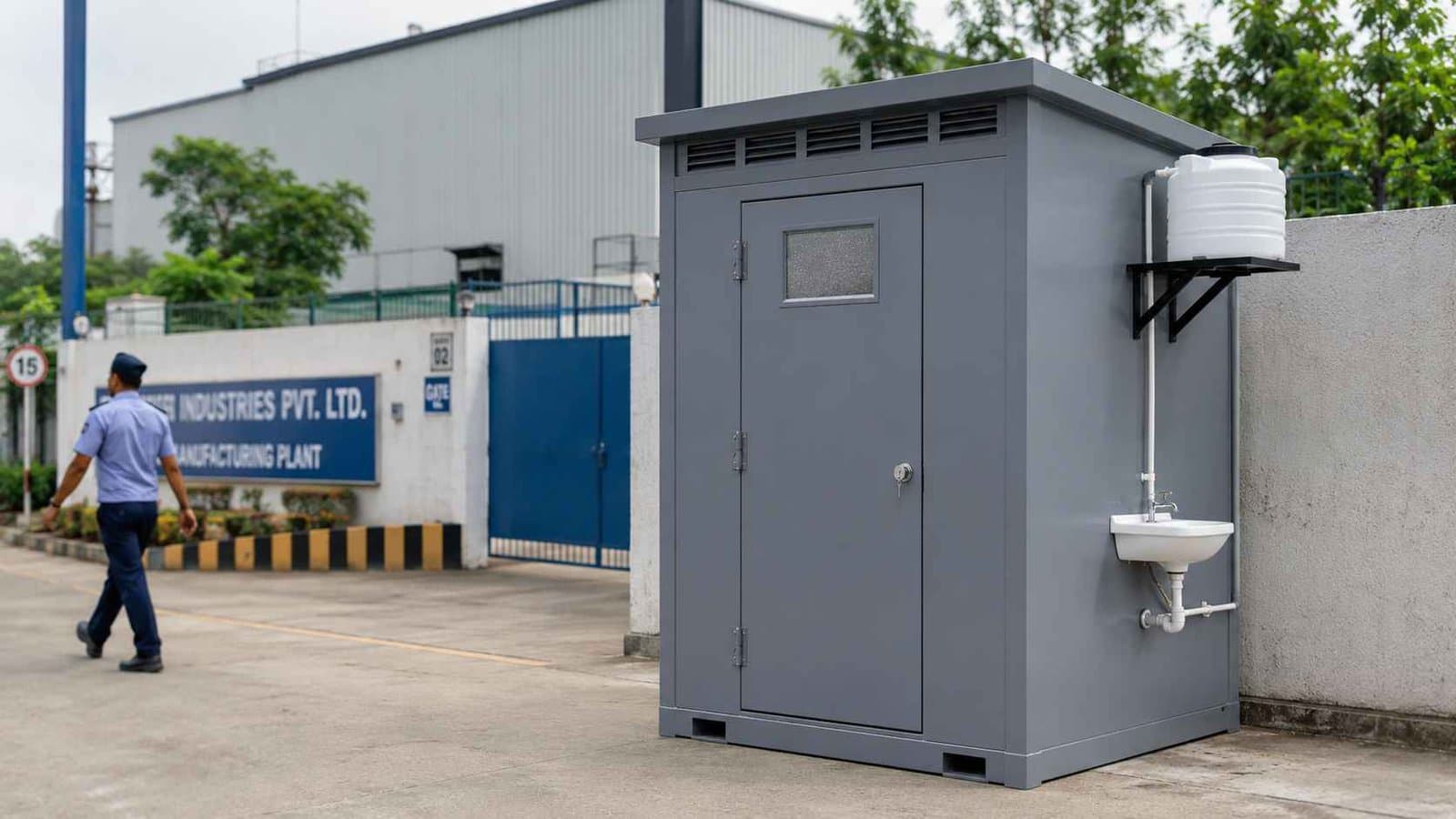 Steel grey prefabricated toilet installed near a factory gate in India