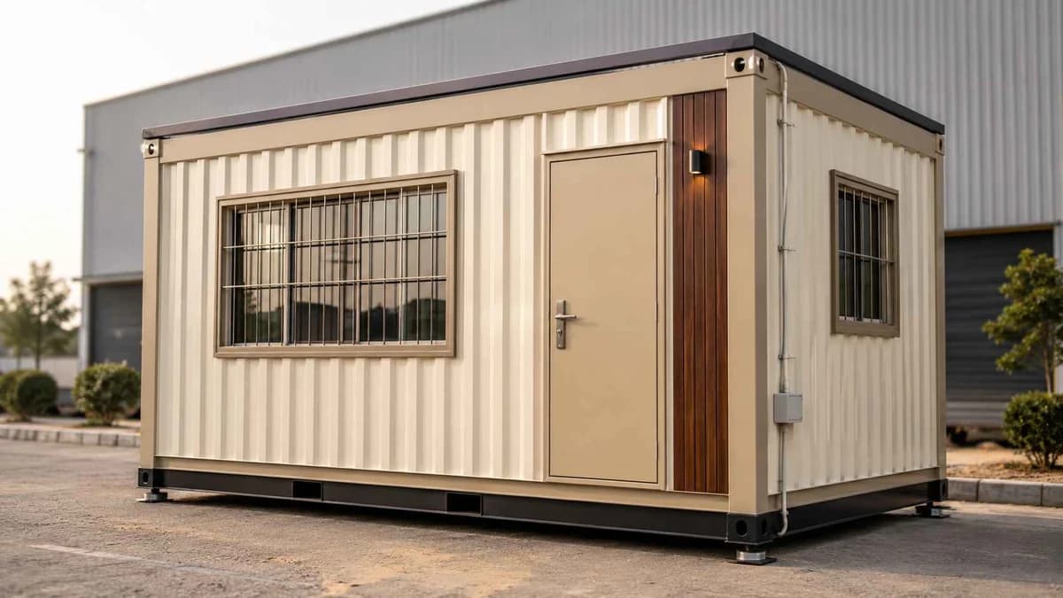 Container Gate Office in Kashipur Ivory container gate office with wooden accent for a Kashipur plant entrance