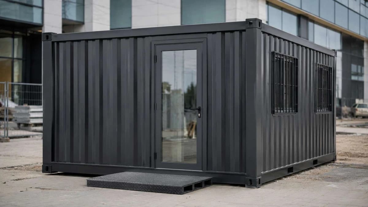 Container Admin Cabin for Kashipur Mills Charcoal-grey container admin cabin with glass door for a Kashipur mill
