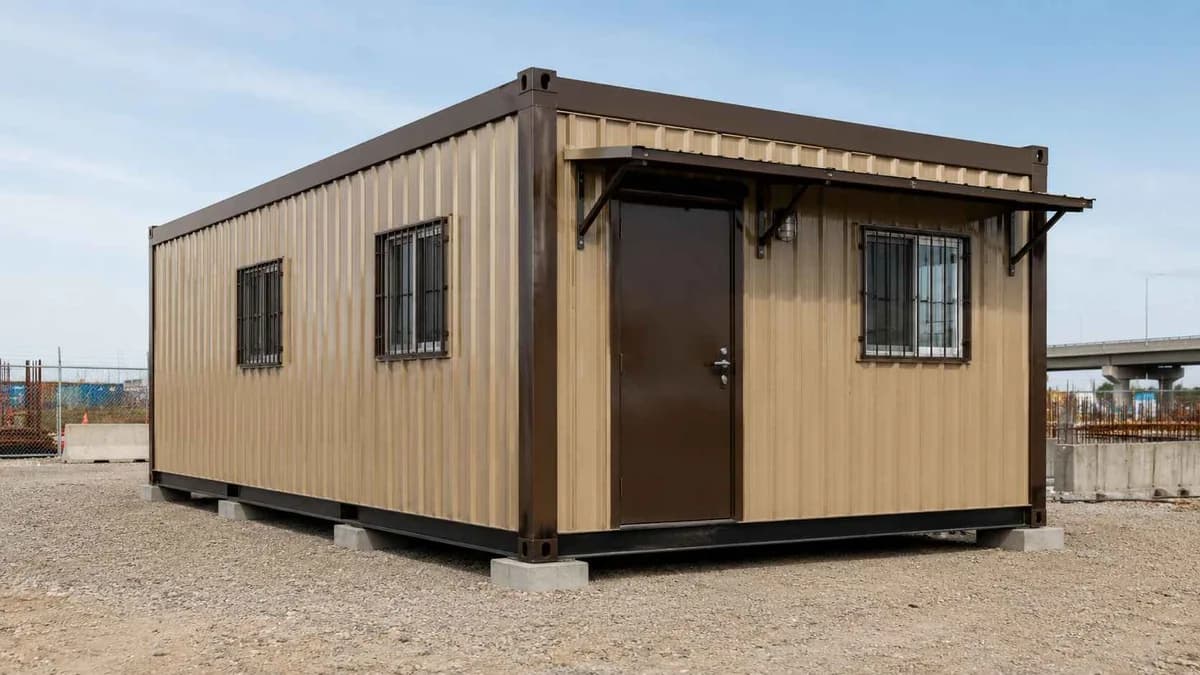 Container Yard Office in Kashipur Beige container office with side shade in a Kashipur factory yard