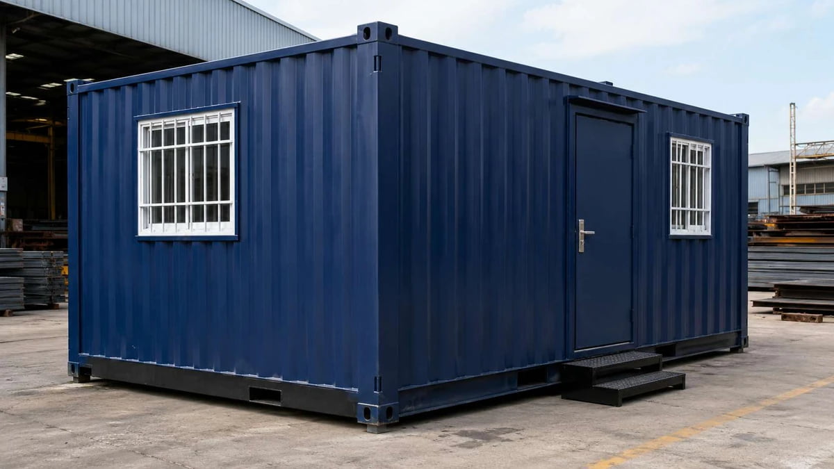 Navy-blue container office in a Pantnagar SIDCUL factory yard, Rudrapur